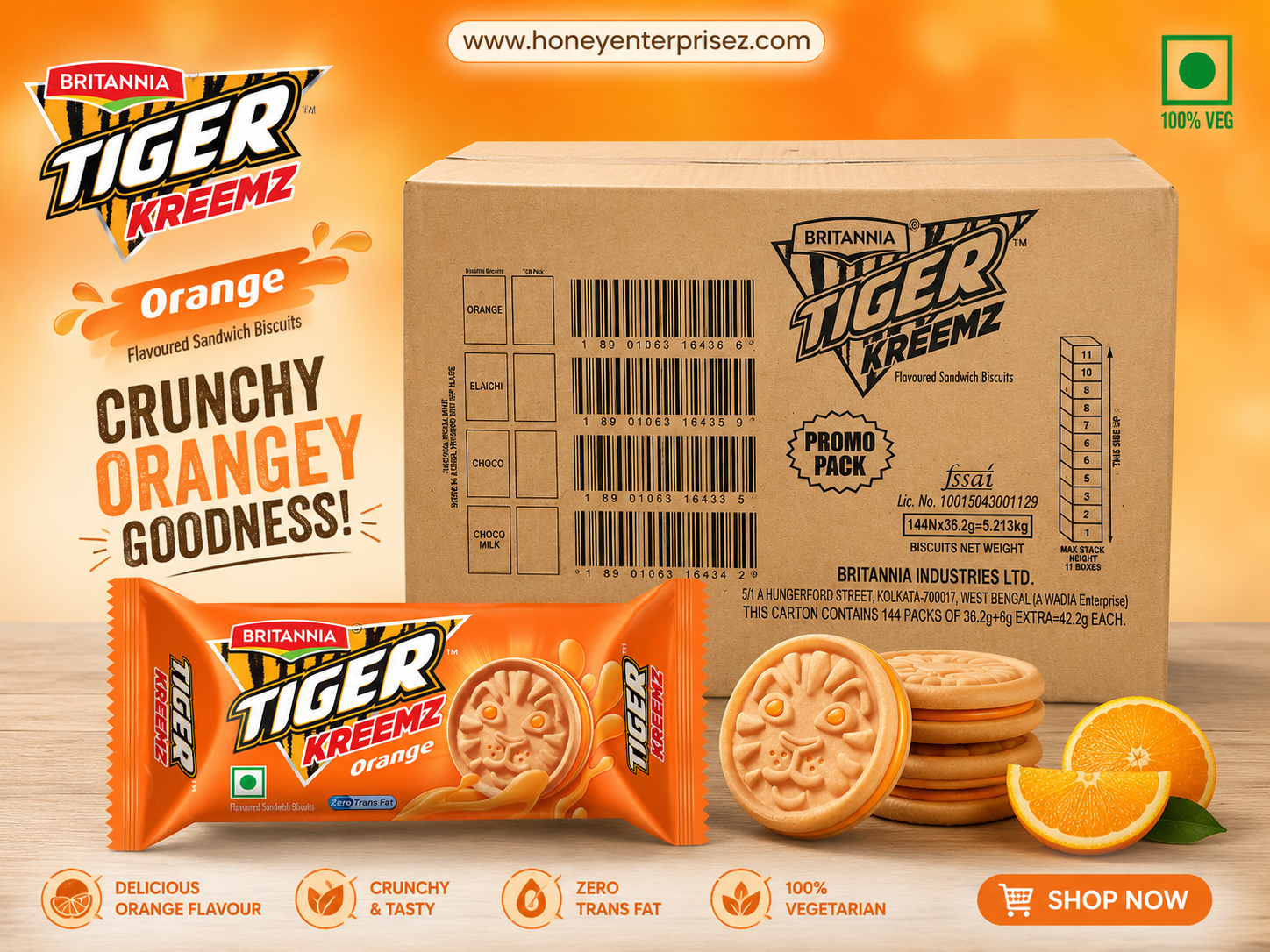 Britannia Tiger Kreemz Orange Sandwich Biscuits