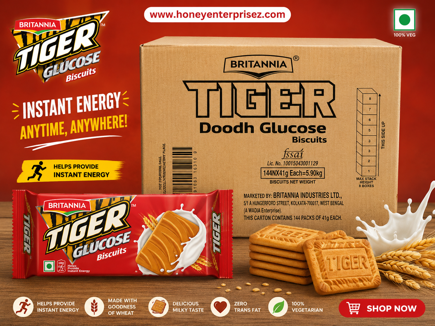 Britannia Tiger Doodh Glucose Biscuits (Bulk Pack - 144 x 41g)