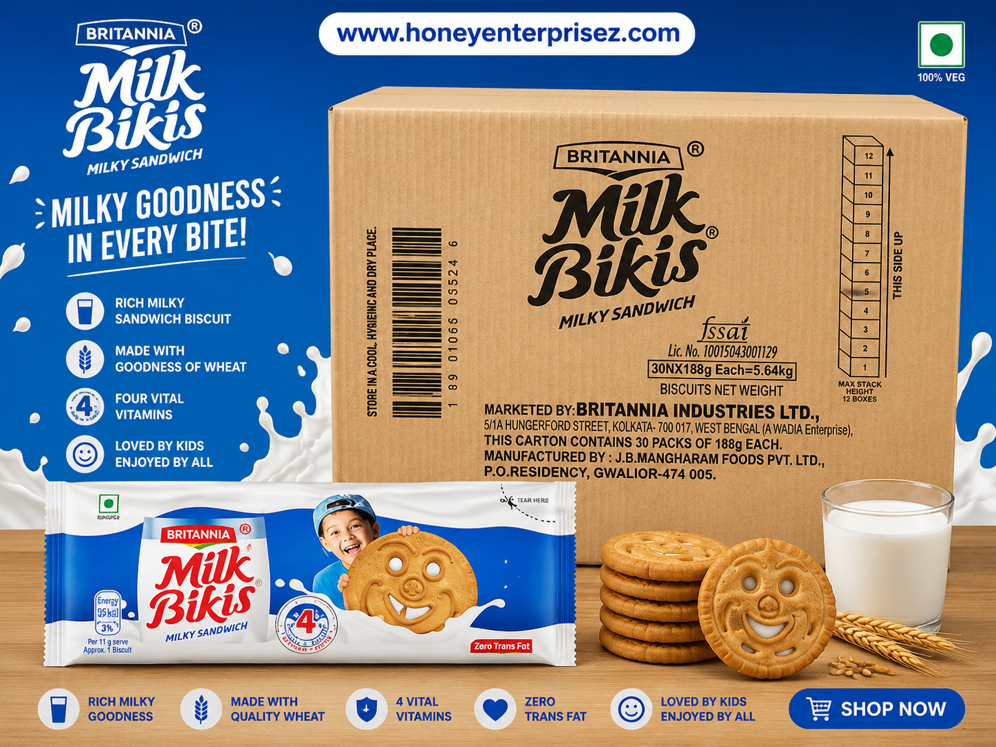 Britannia Milk Bikis Milky Sandwich Biscuits (Bulk Pack - 30 x 188g) Mrp 5Rs