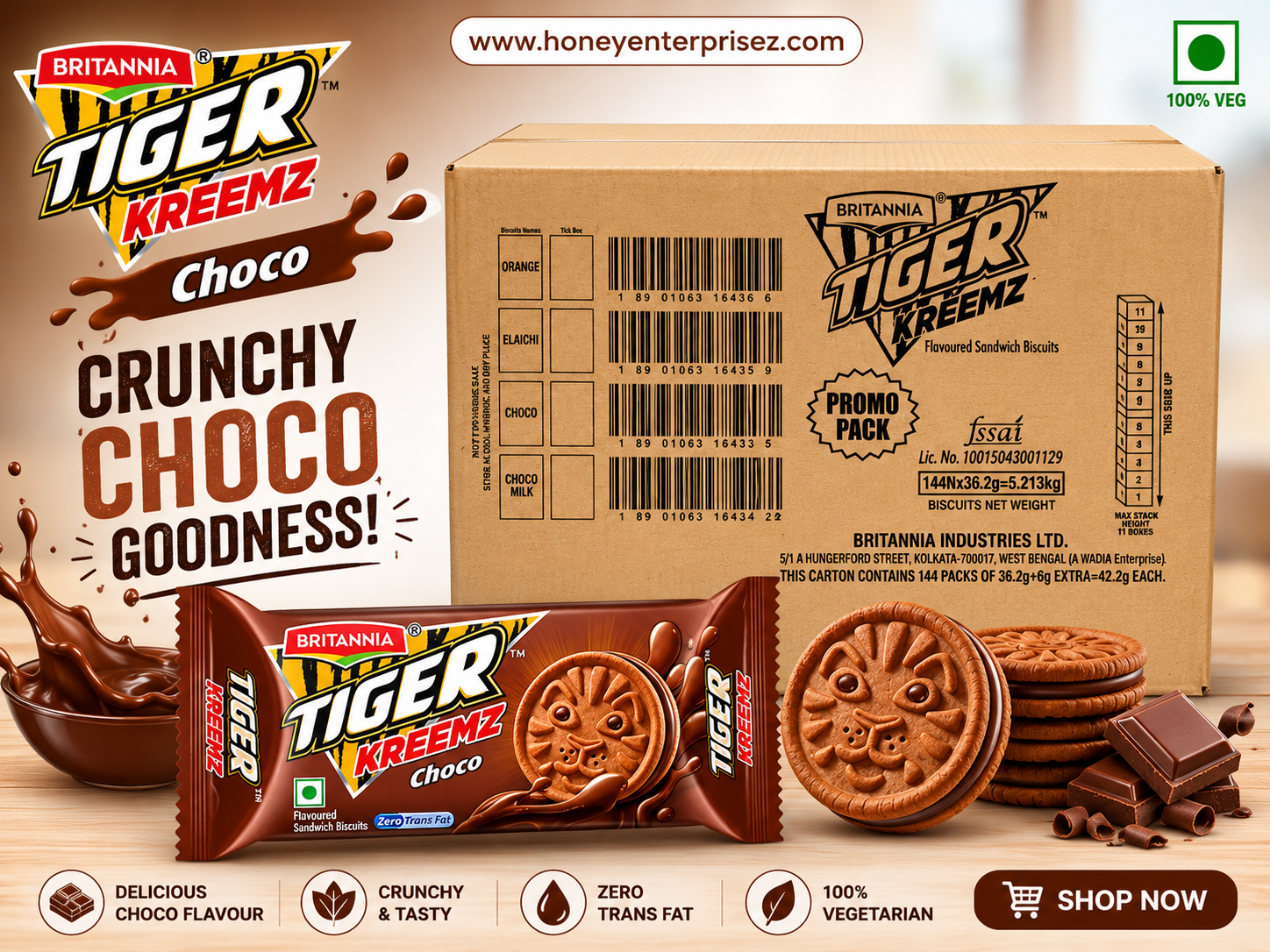 Tiger Kreemz Choco Sandwich Biscuits (Bulk Pack - 144 Packs) Mrp 5 Rs.