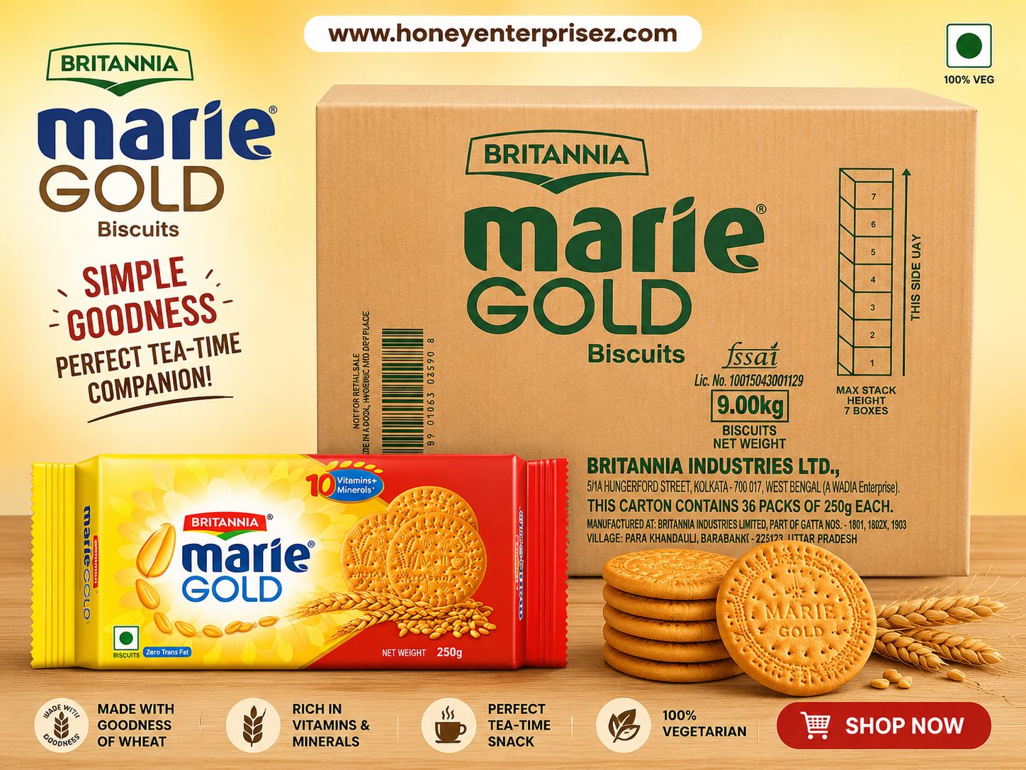 Britannia Marie Gold Biscuits (Bulk Pack - 36 Packs x 250g) Mrp 40